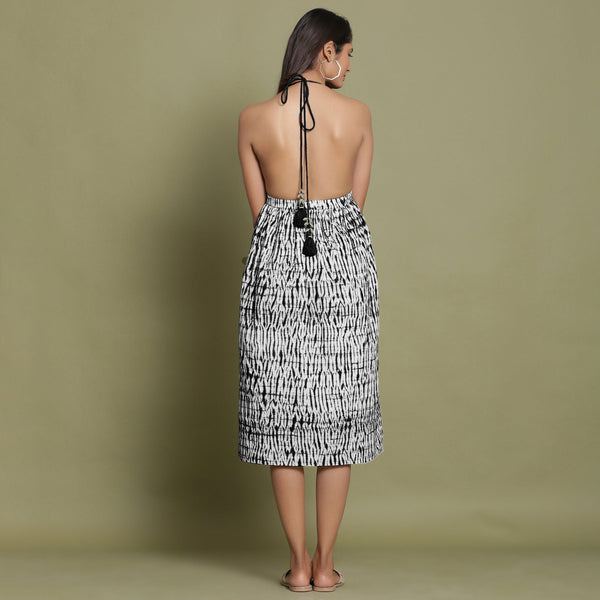 Black Shibori Tie-Dye Cotton Halter Neck Gathered Midi Dress