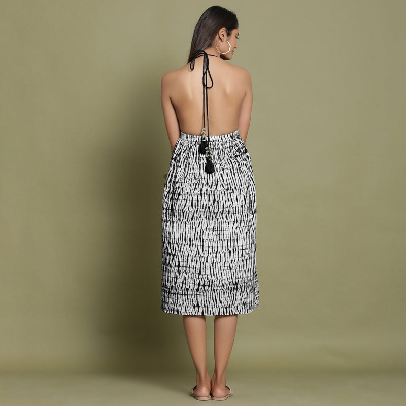 Black Shibori Tie-Dye Cotton Halter Neck Gathered Midi Dress