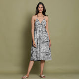 Black Shibori Tie-Dye Cotton Halter Neck Gathered Midi Dress
