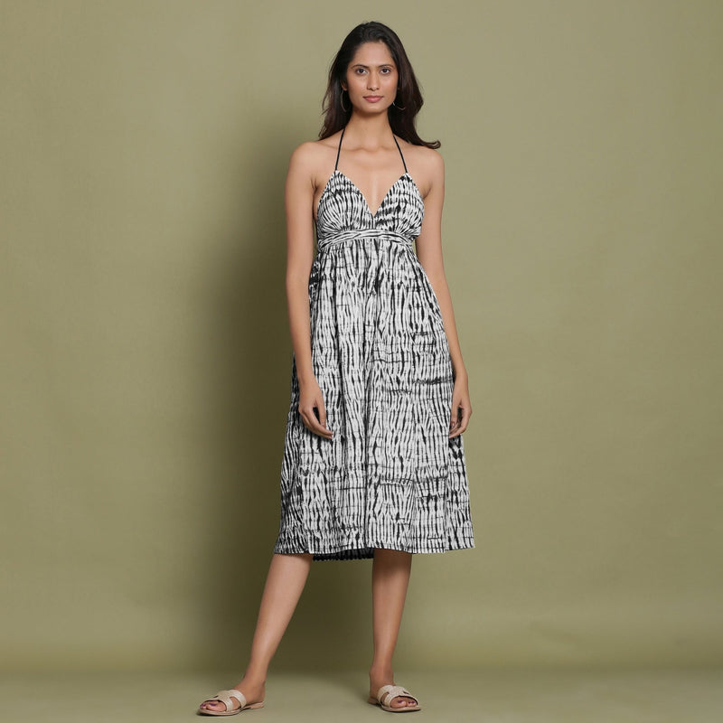 Black Shibori Tie-Dye Cotton Halter Neck Gathered Midi Dress