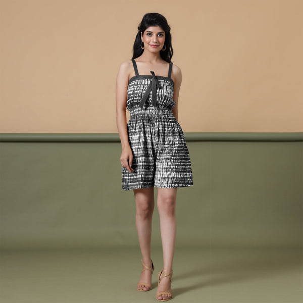 Black Shibori Tie-Dye Cotton Strap Sleeve Gathered Romper