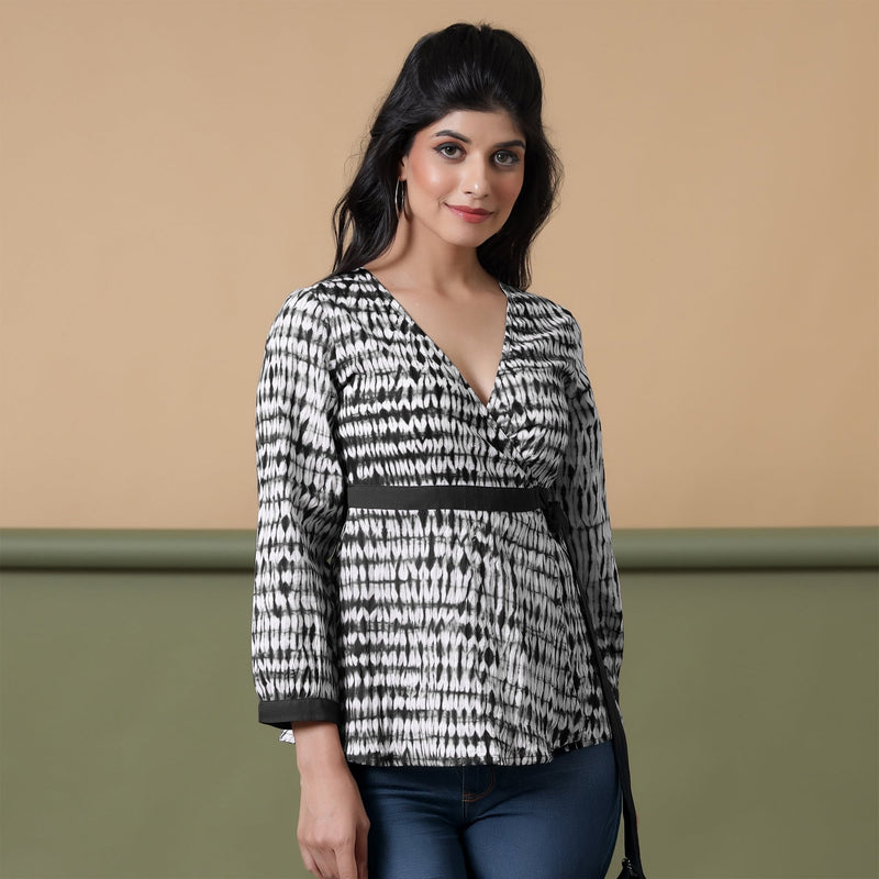 Black Shibori Tie-Dye Cotton Wrap Top