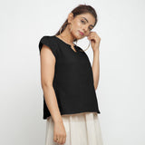 Black Split Neck Puff Sleeves 100% Cotton Top