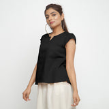 Black Split Neck Puff Sleeves 100% Cotton Top