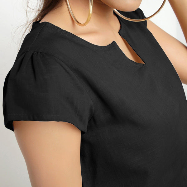 Black Split Neck Puff Sleeves 100% Cotton Top