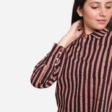 Front Detail of a Model wearing Black Striped Block Printed Straight Cotton Shirt