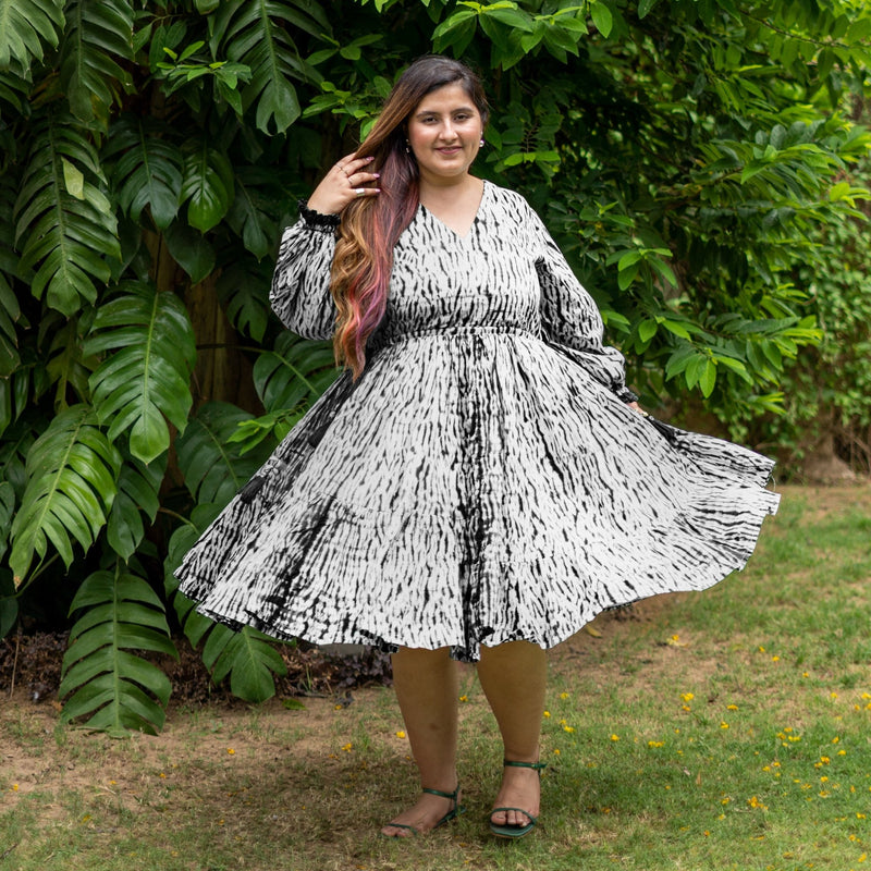 Black Tie-Dye Cotton Bohemian Knee Length Gathered Dress 56