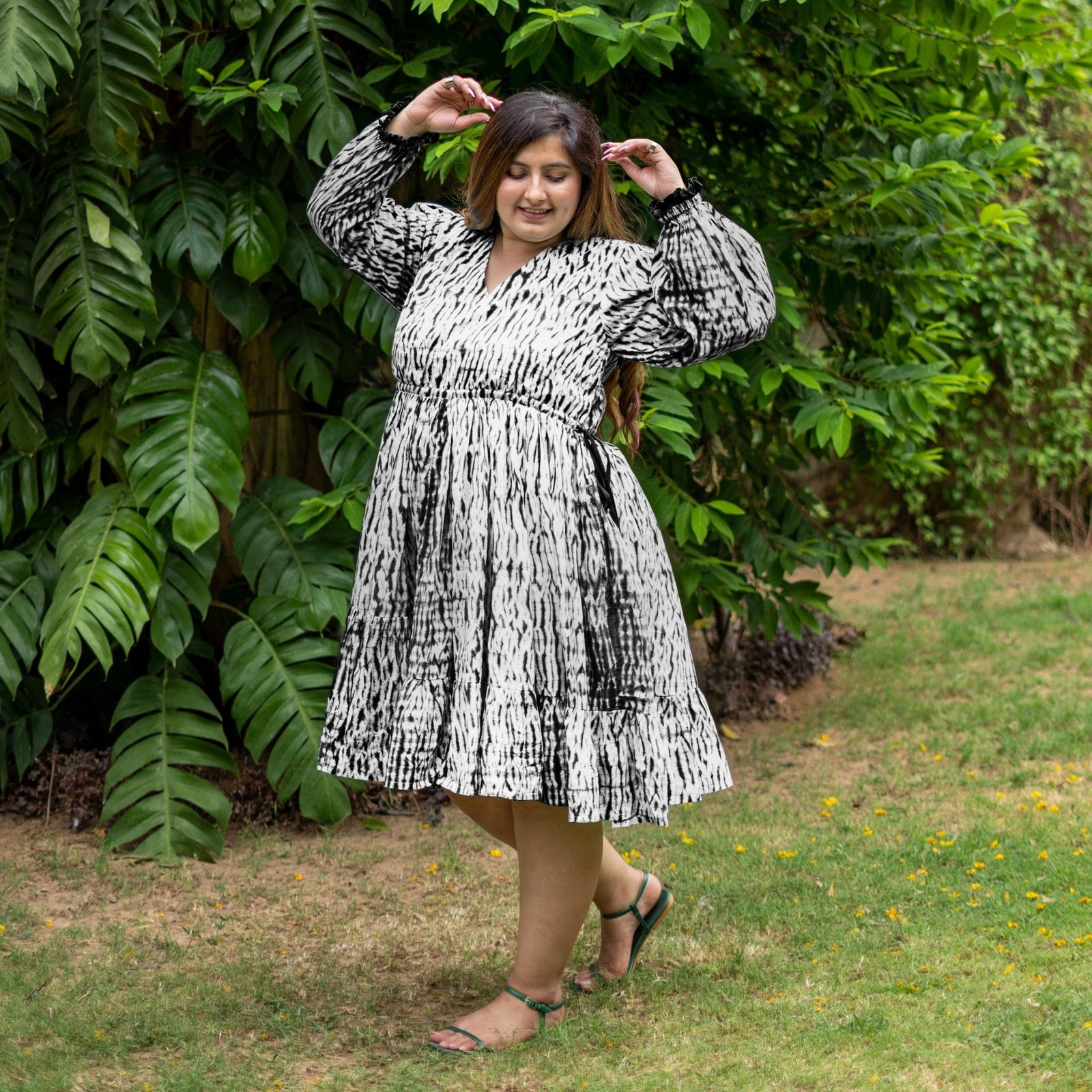 knee length plus size boho dress Black Tie-Dye Cotton Bohemian Gathered 56