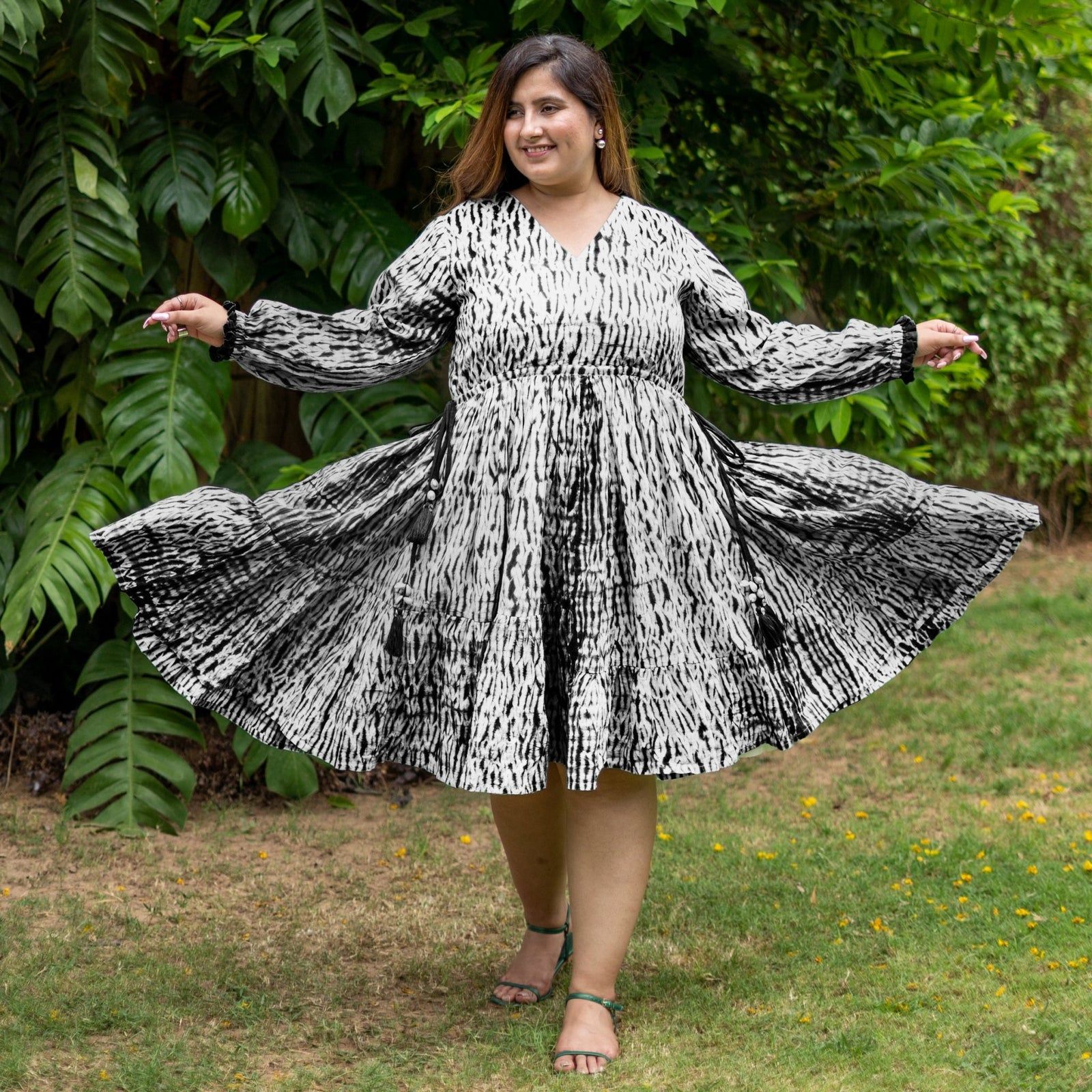 Black Tie-Dye Cotton Bohemian Knee Length Gathered Dress 56