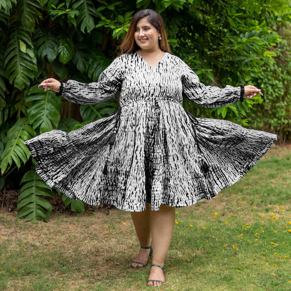 Black Tie-Dye Cotton Bohemian Knee Length Gathered Dress Custom Size (Free) / Petite (5'1" and below)