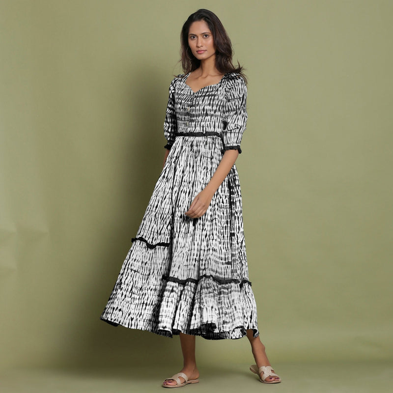 Black Tie-Dye Cotton Sweetheart Neck Asymmetrical Maxi Dress