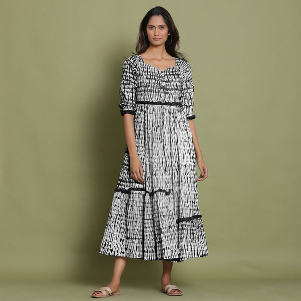 Black Tie-Dye Cotton Sweetheart Neck Asymmetrical Maxi Dress