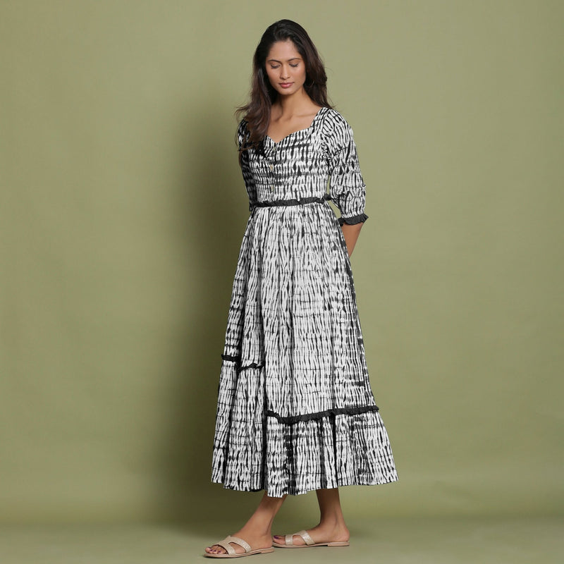 Black Tie-Dye Cotton Sweetheart Neck Asymmetrical Maxi Dress