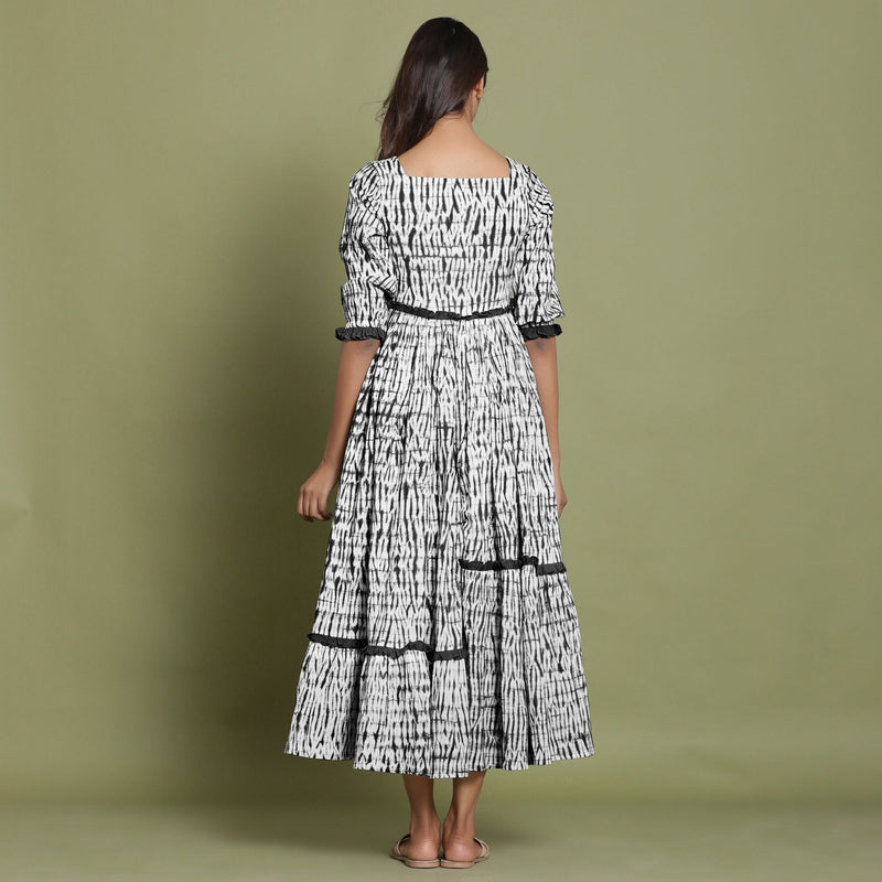 Black Tie-Dye Cotton Sweetheart Neck Asymmetrical Maxi Dress