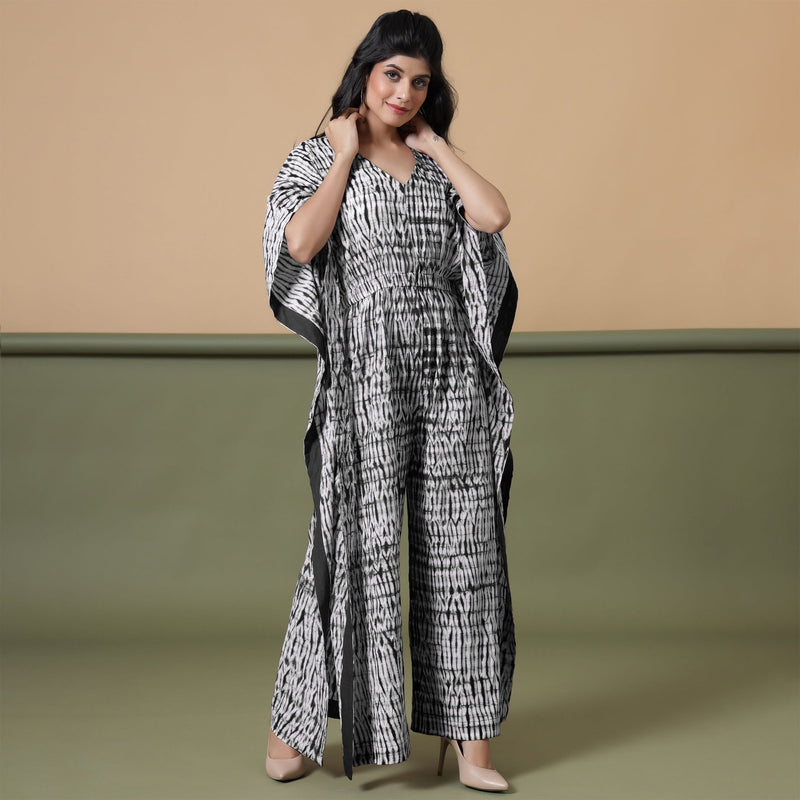 Black Tie-Dye Kimono Sleeves Cotton Kaftan Jumpsuit
