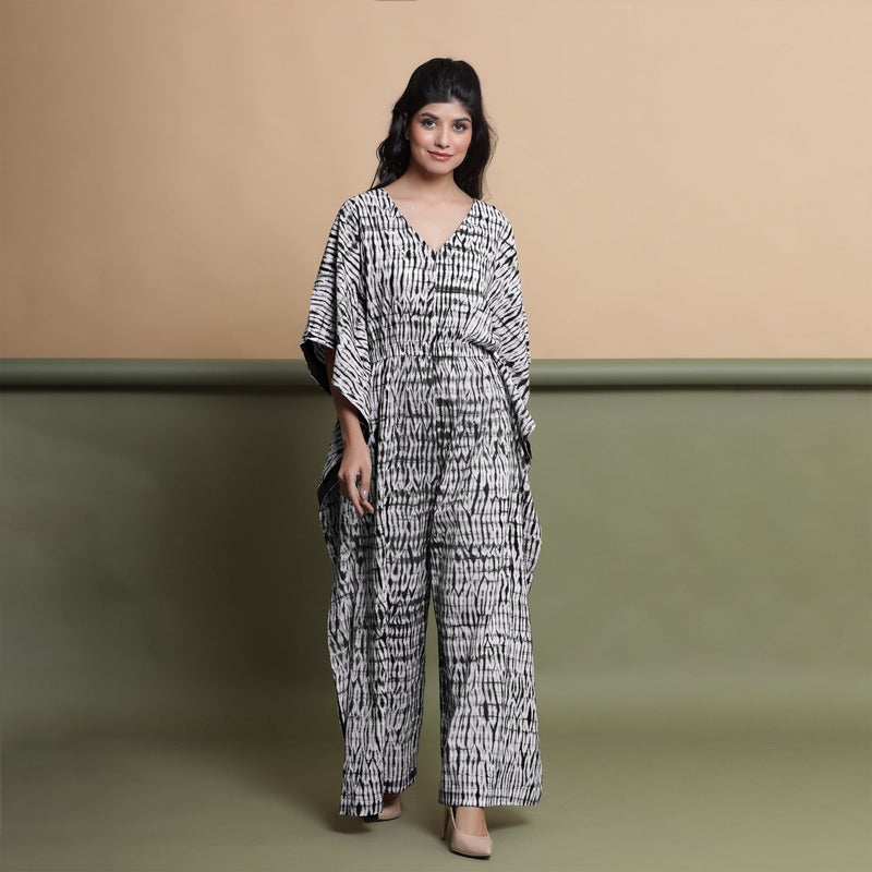 Black Tie-Dye Kimono Sleeves Cotton Kaftan Jumpsuit