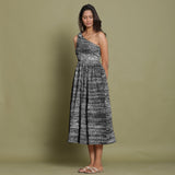 Black Tie-Dye One-Shoulder Cotton Midi Dress