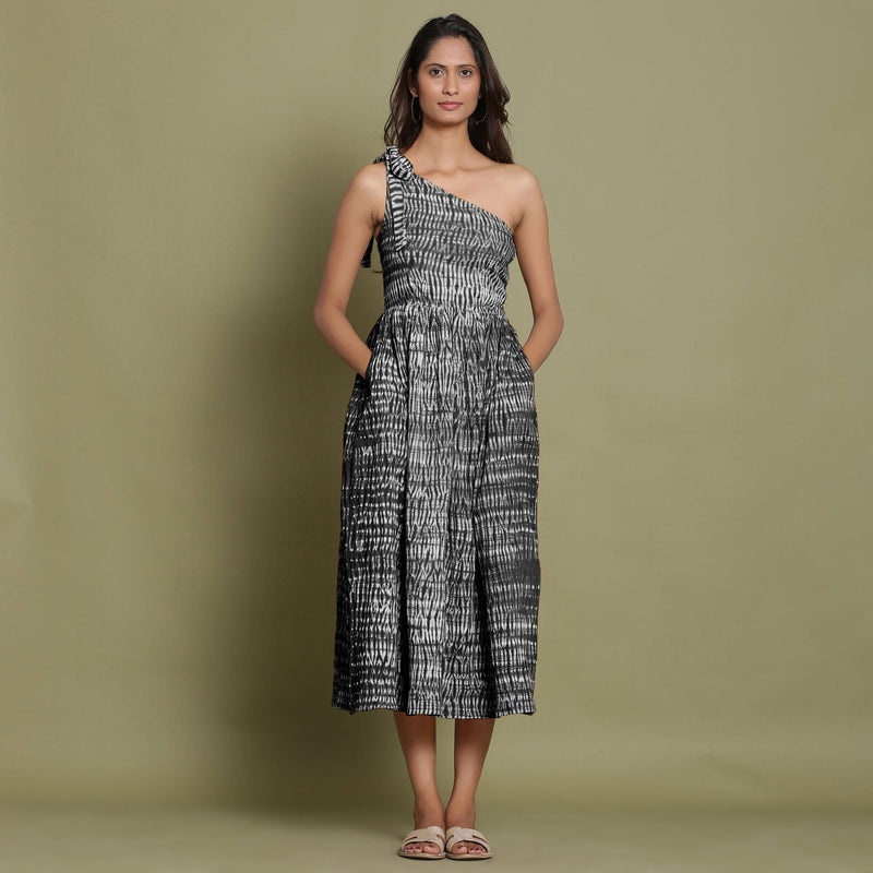 Black Tie-Dye One-Shoulder Cotton Midi Dress