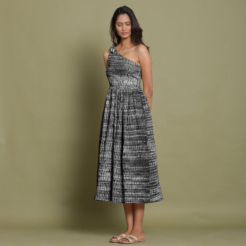 Black Tie-Dye One-Shoulder Cotton Midi Dress