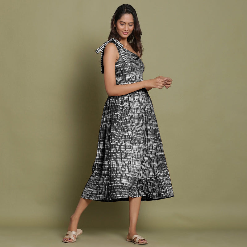 Black Tie-Dye One-Shoulder Cotton Midi Dress