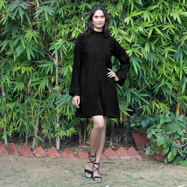 Black Warm Cotton Corduroy A-Line Short Dress