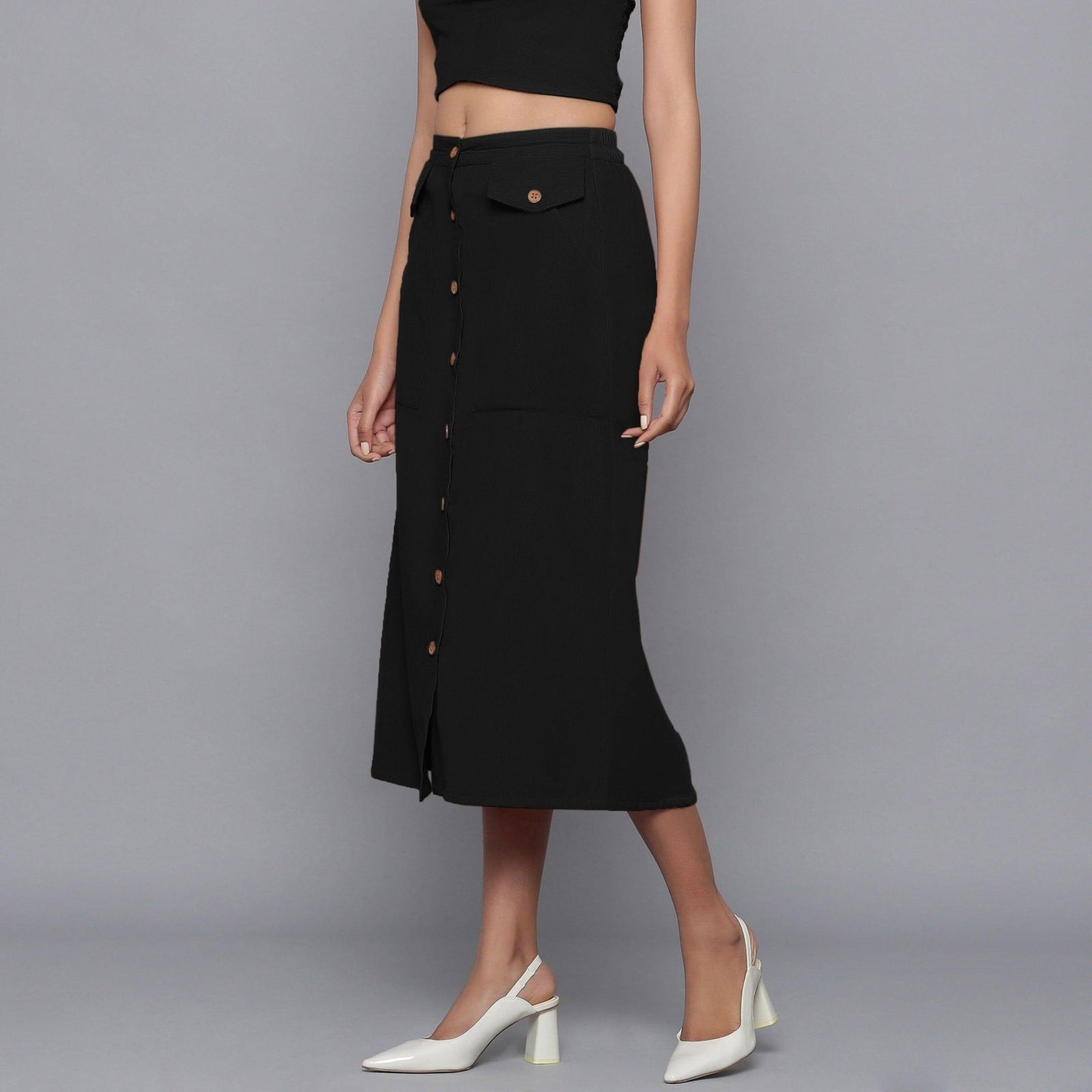 Buy Black Warm Cotton Corduroy Button-Down Midi Skirt Online at