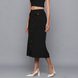 Black Warm Cotton Corduroy Button-Down Midi Skirt