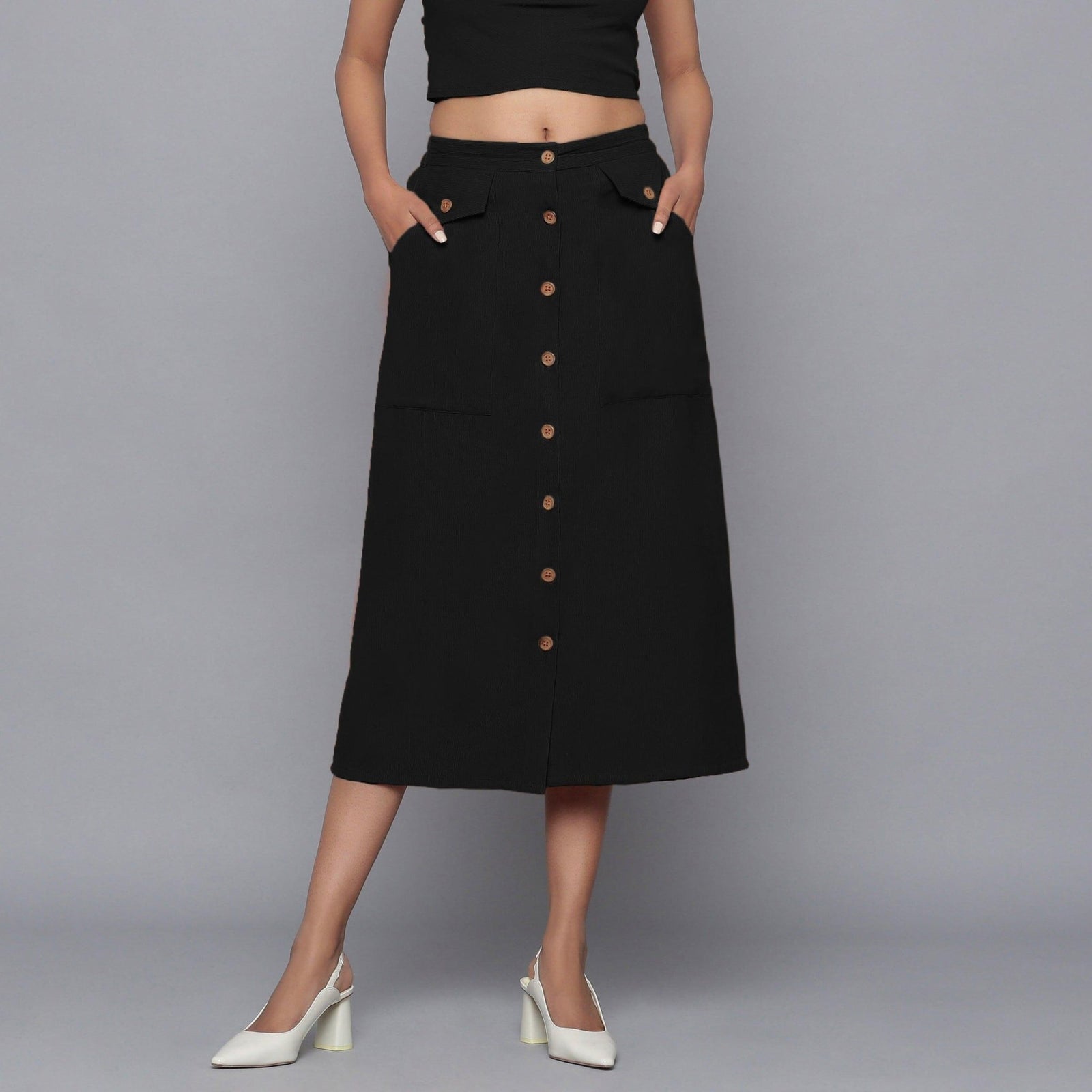 Buy Black Warm Cotton Corduroy Button-Down Midi Skirt Online at