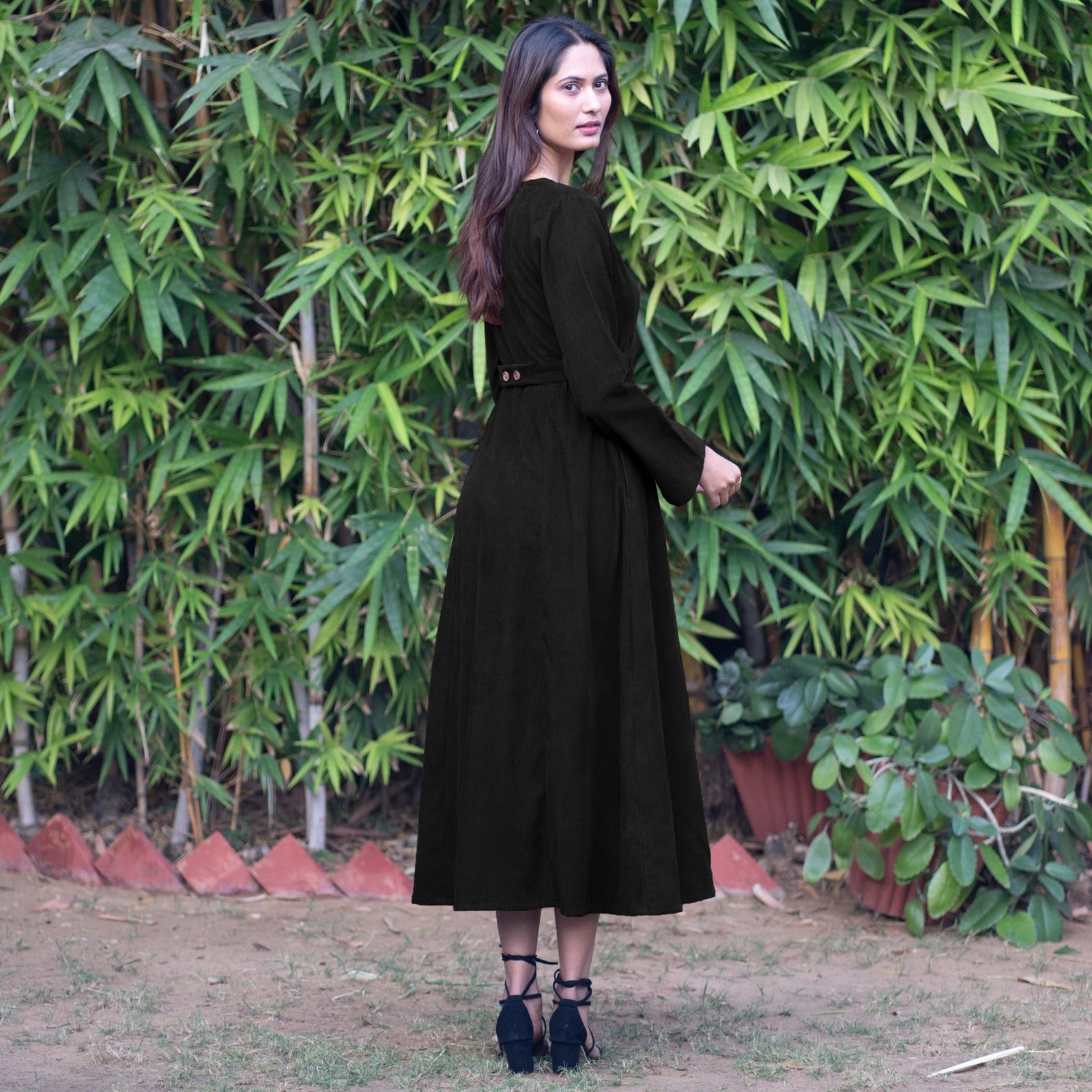 Black Warm Cotton Corduroy Deep Neck Midi Wrap Dress 28