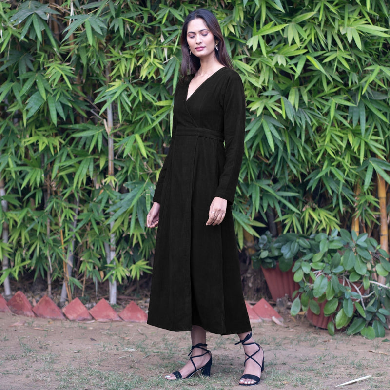 Black Warm Cotton Corduroy Deep Neck Midi Wrap Dress 28" / Custom Height (Free) Black Warm Cotton Corduroy Deep Neck Midi Wrap Dress 28" / Custom Height (Free)