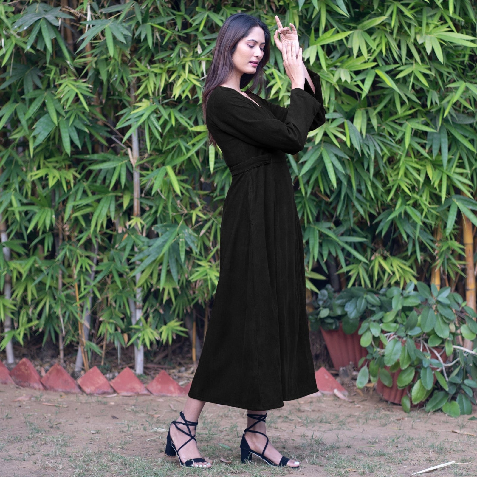 Black Warm Cotton Corduroy Deep Neck Midi Wrap Dress 28