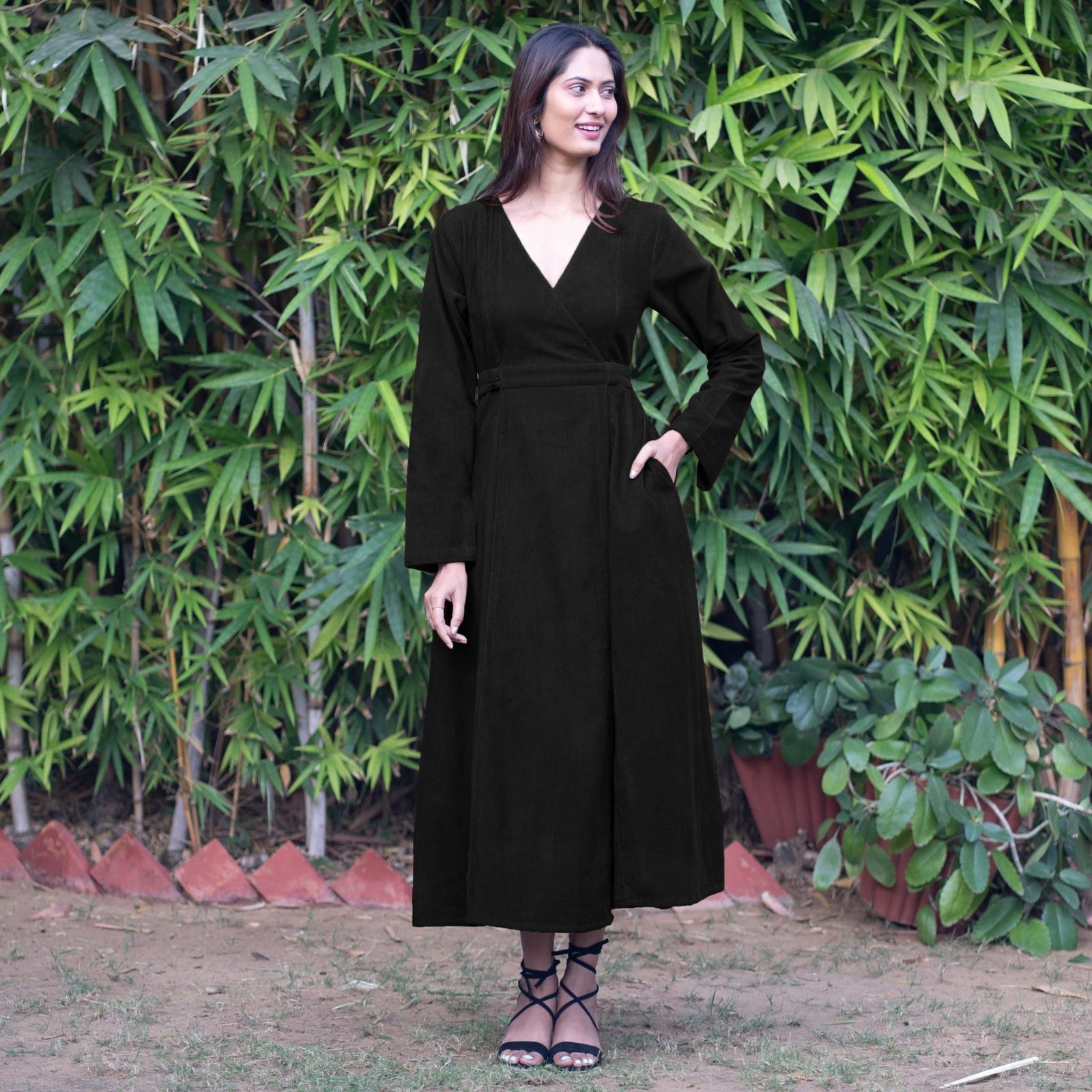 Buy Black Warm Cotton Corduroy Deep Neck Midi Wrap Dress Online at  SeamsFriendly