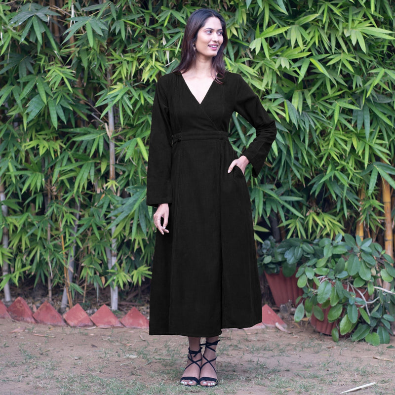 Black Warm Cotton Corduroy Deep Neck Midi Wrap Dress 28