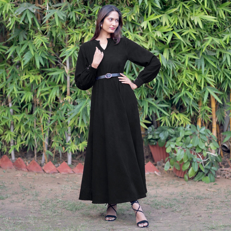 Black Warm Cotton Corduroy Fit and Flare Maxi Dress 36" / Regular (5'2" - 5'6") Black Warm Cotton Corduroy Fit and Flare Maxi Dress 36" / Regular (5'2" - 5'6")