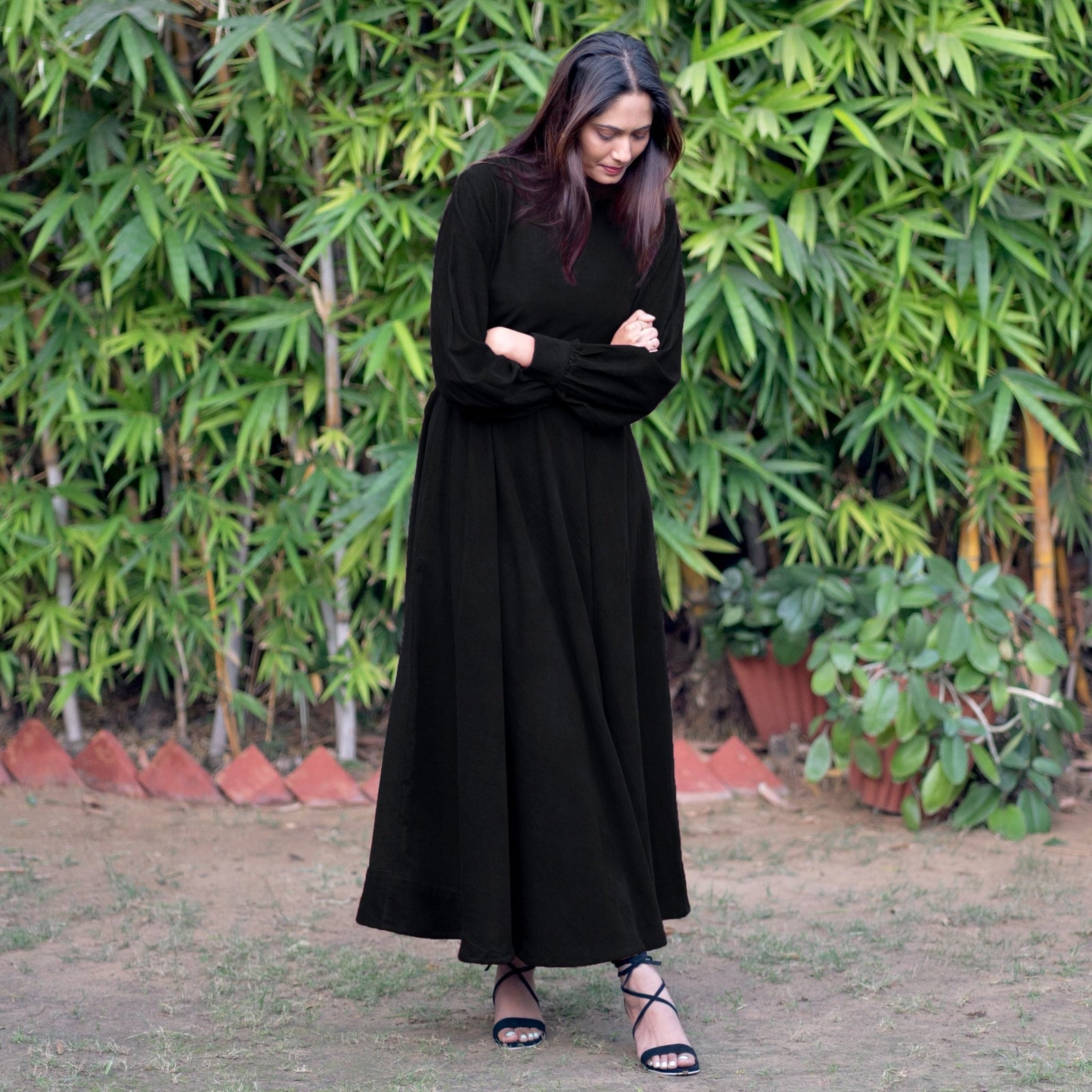 long black flare dress Bell Sleeve Fit and Flare Crewneck Long Dress