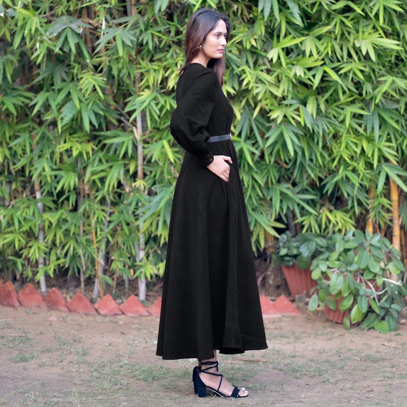 Black Warm Cotton Corduroy Fit and Flare Maxi Dress 36" / Regular (5'2" - 5'6") Black Warm Cotton Corduroy Fit and Flare Maxi Dress 36" / Regular (5'2" - 5'6")