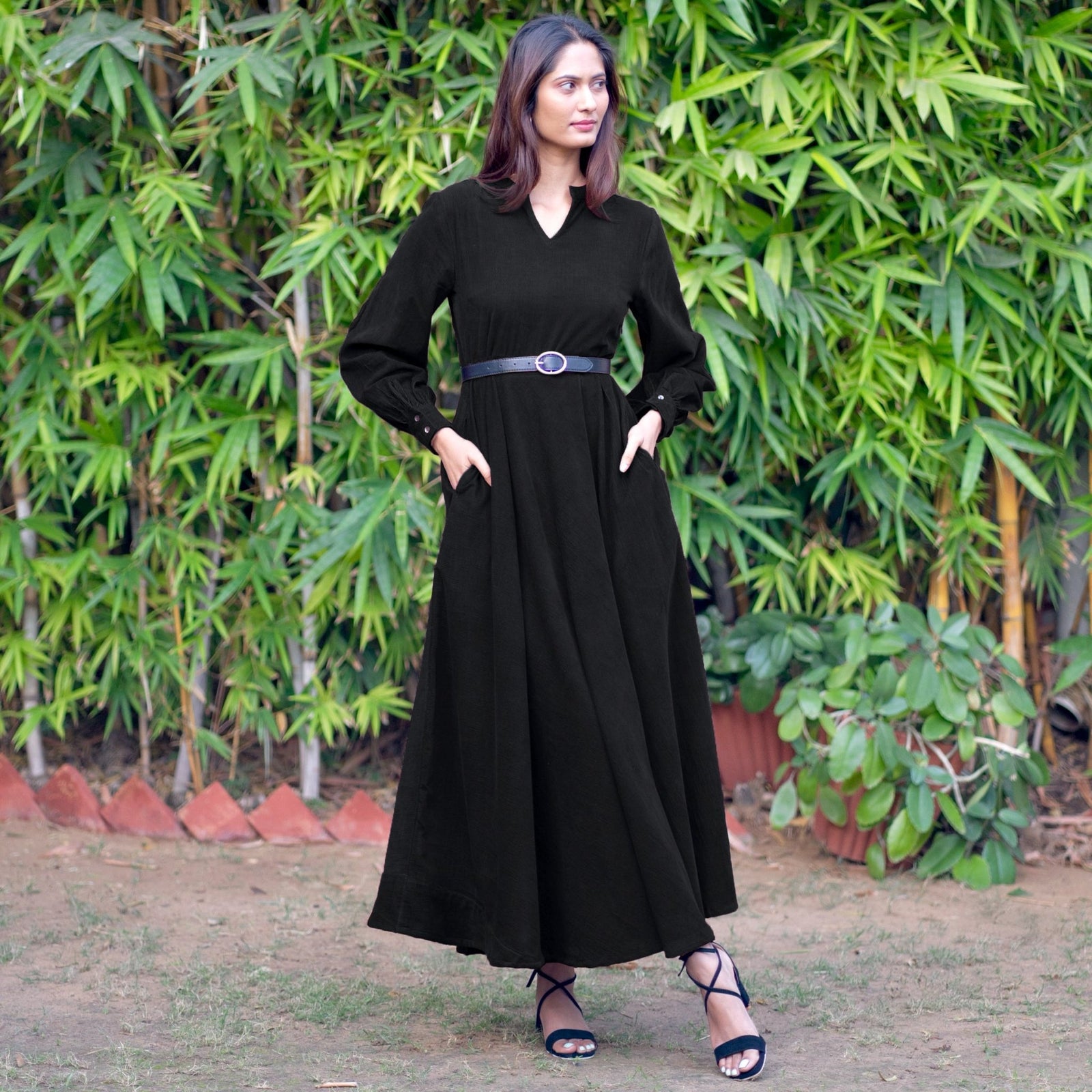 Black Warm Cotton Corduroy Fit and Flare Maxi Dress 36