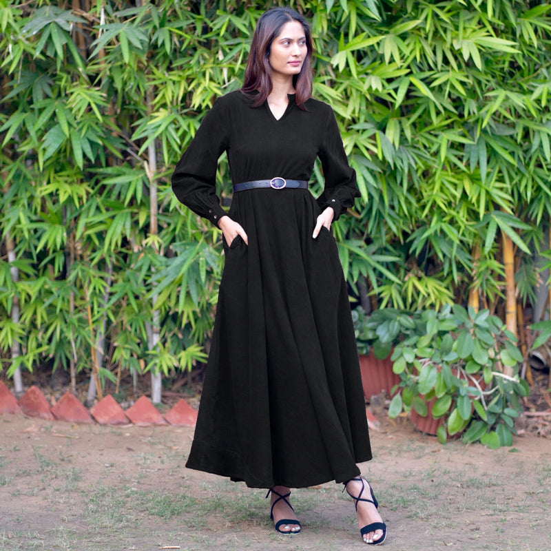 Black Warm Cotton Corduroy Fit and Flare Maxi Dress 36" / Regular (5'2" - 5'6") Black Warm Cotton Corduroy Fit and Flare Maxi Dress 36" / Regular (5'2" - 5'6")