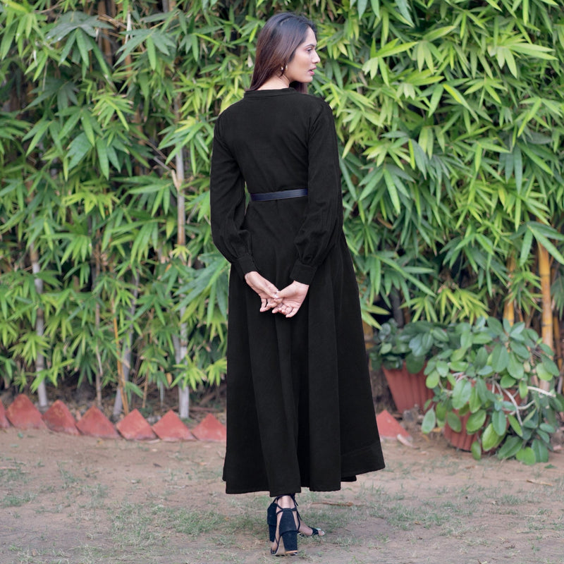 Black Warm Cotton Corduroy Fit and Flare Maxi Dress 62