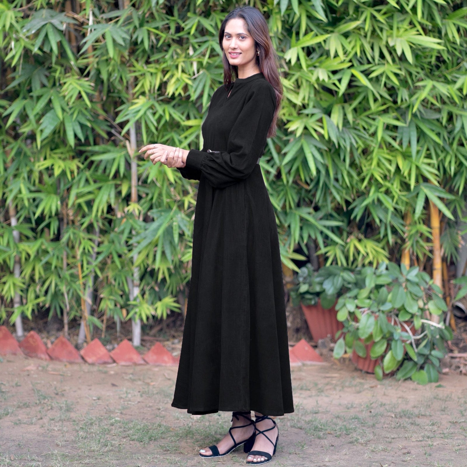 Black Warm Cotton Corduroy Fit and Flare Maxi Dress 62