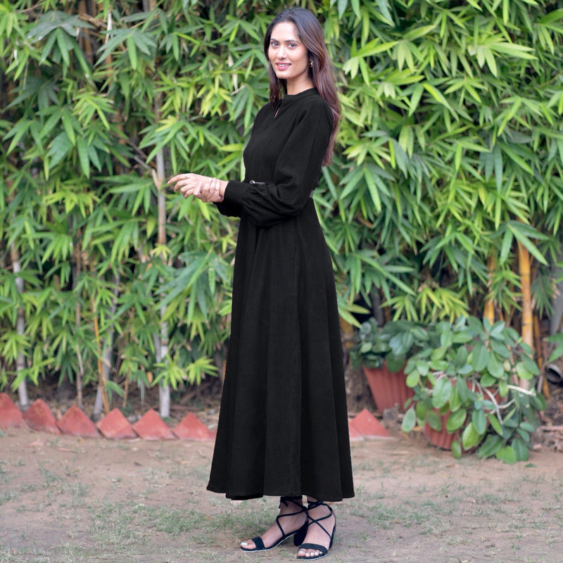 Buy Black Warm Cotton Corduroy Fit and Flare Maxi Dress Online at