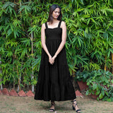 Black Warm Cotton Corduroy Gathered Maxi Tier Dress