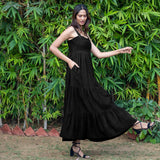 Black Warm Cotton Corduroy Gathered Maxi Tier Dress