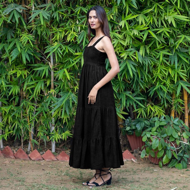 Black Warm Cotton Corduroy Gathered Maxi Tier Dress