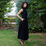 Black Warm Cotton Corduroy High-Neck Sleeveless Slit Dress