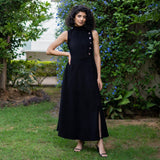 Black Warm Cotton Corduroy High-Neck Sleeveless Slit Dress