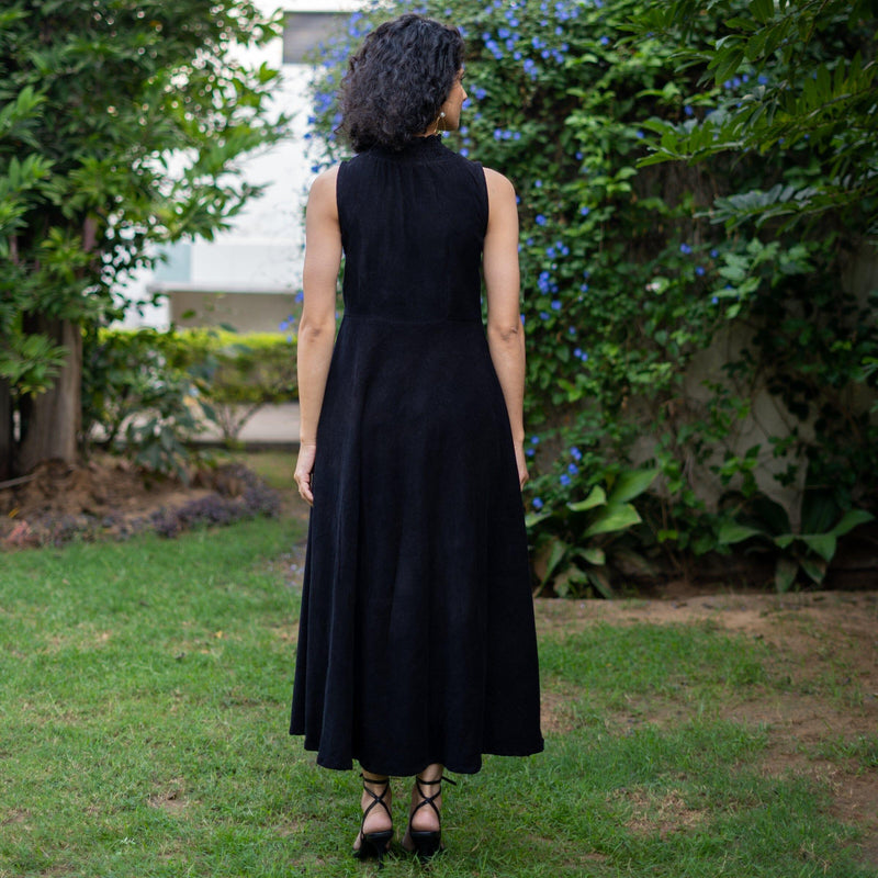 Buy Black Warm Cotton Corduroy High-Neck Sleeveless Slit Dress