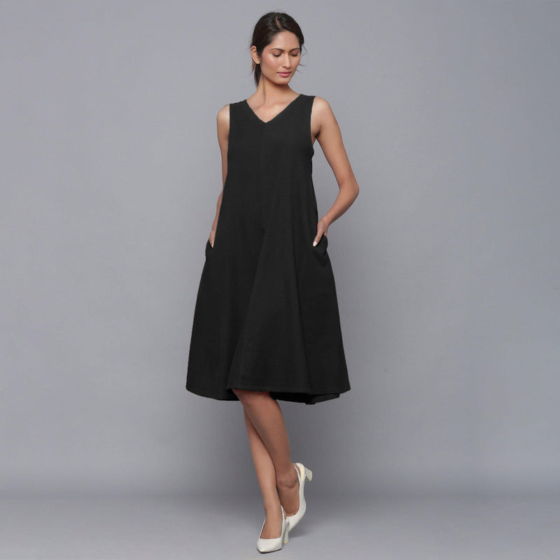 Black Warm Cotton Corduroy Knee Length Flared Dress