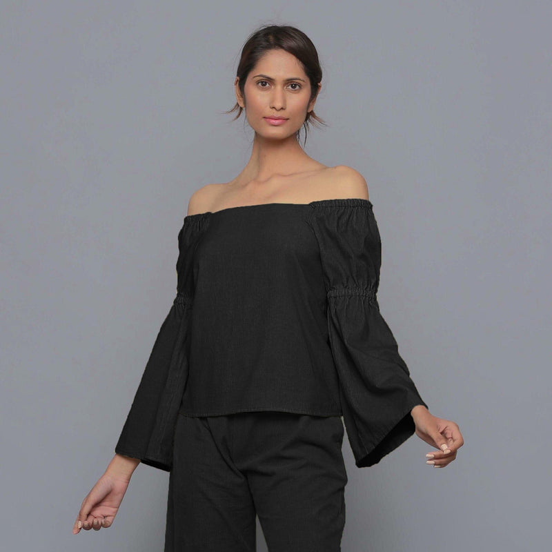 Black Warm Cotton Corduroy Off-Shoulder Top