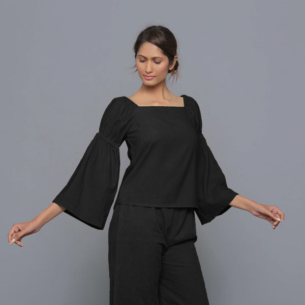 Black Warm Cotton Corduroy Off-Shoulder Top